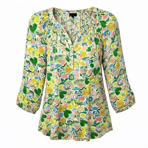 Jones New York JNY Womens 1X Floral Split Neck 3/4 Sleeve Peasant Blouse Top